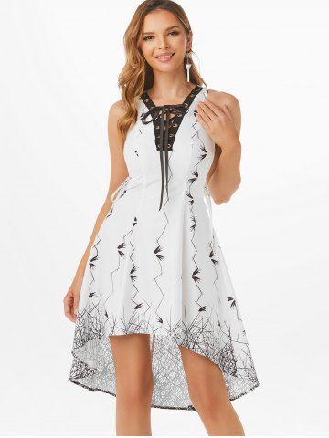 Lace Up Printed High Low Midi Dress - WHITE - XXXL