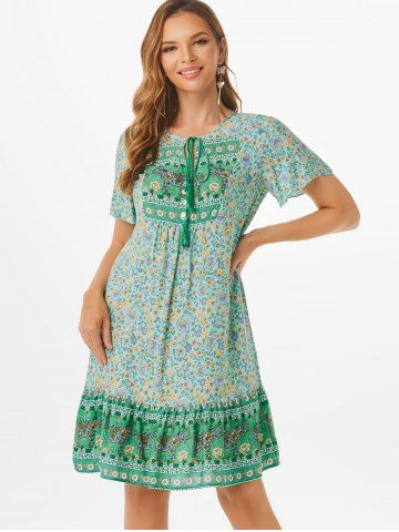 Tiny Floral Tassel Flounce Hem Dress - LIGHT GREEN - S