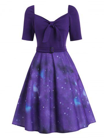 Knotted Galaxy Print Belted Mini Dress - PURPLE - S