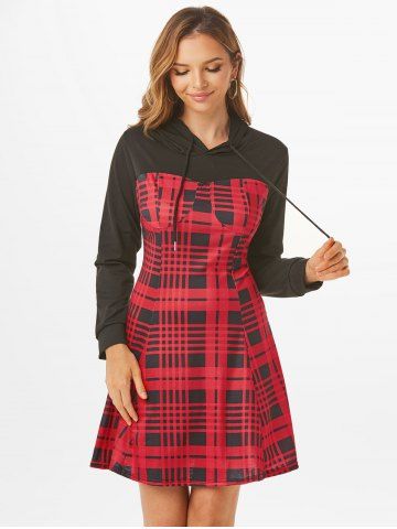 Cupped Plaid Hooded Mini Dress - RED - S