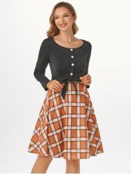 Mock Button Plaid Belted Dress -  