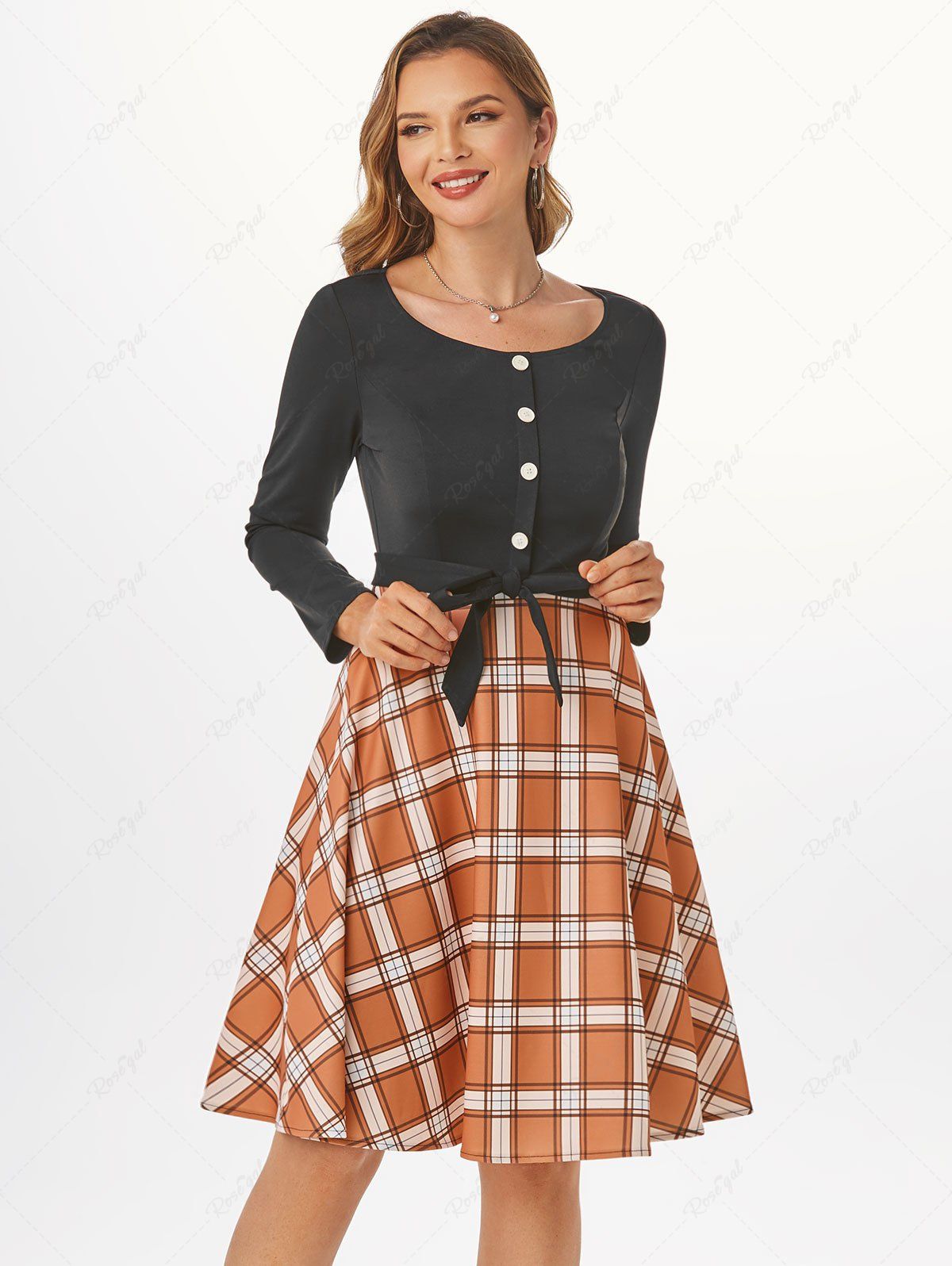 Buy Mock Button Plaid Belted Dress  