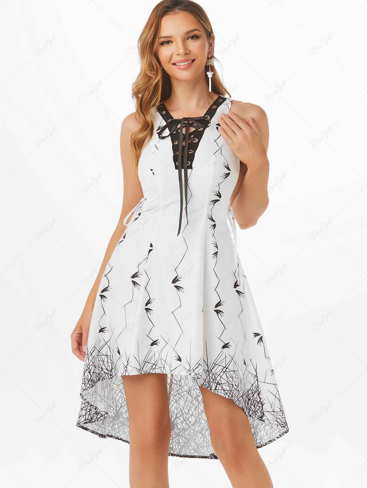 Fashion Lace Up Printed High Low Midi Dress  