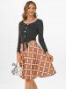 Mock Button Plaid Belted Dress -  