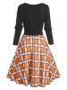 Mock Button Plaid Belted Dress -  