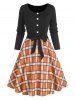 Mock Button Plaid Belted Dress -  