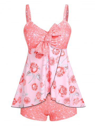 Plus Size & Curve Bowknot Rose Print Overlap Modest Tankini Swimsuit
