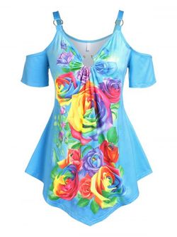 Plus Size & Curve O Ring Rainbow Rose Print Cold Shoulder Tee - MULTI - 3X