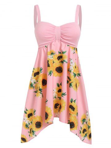 Plus Size Sundress Sunflower Print Asymmetric Dress - LIGHT PINK - L