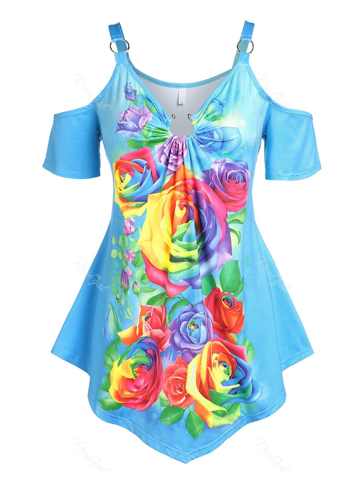 Online Plus Size & Curve O Ring Rainbow Rose Print Cold Shoulder Tee  