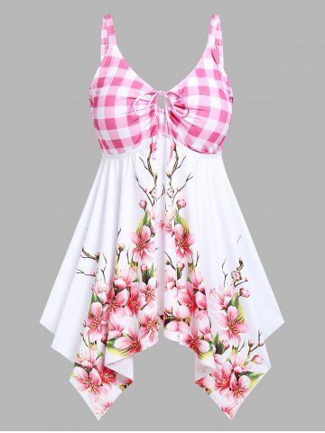 Plus Size & Curve Plaid Floral Print Cinched Handkerchief Modest Tankini Swimsuit