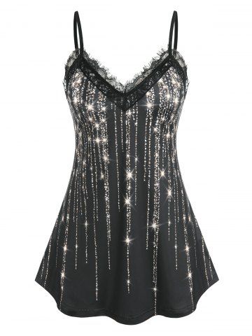 Plus Size & Curve Sparkling Rhinestone Print Eyelash Lace Tank Top