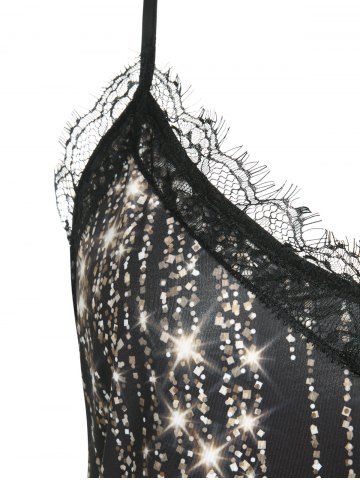 Plus Size & Curve Sparkling Rhinestone Print Eyelash Lace Tank Top