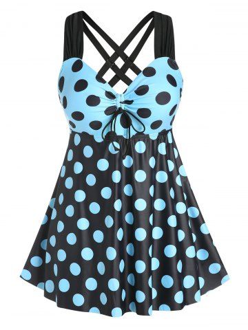 Plus Size & Curve Cinched Polka Dot Crisscross Tankini Swimsuit - LIGHT BLUE - 2X