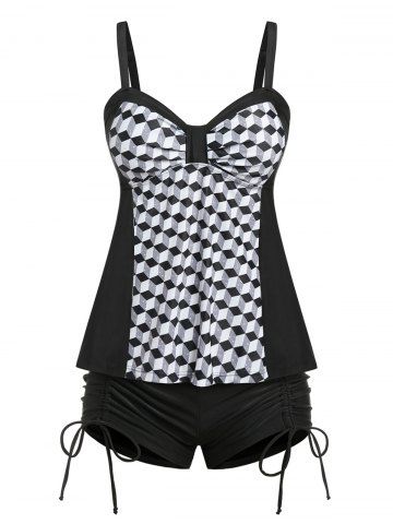 Plus Size & Curve Cinched Geometry Print Modest Tankini Swimsuit - BLACK - 4X