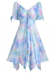 Mesh Overlay Tie Dye Cinched Handkercheif Dress -  