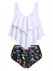 Flounce Draped Feather Shell Print Tankini Swimwear -  