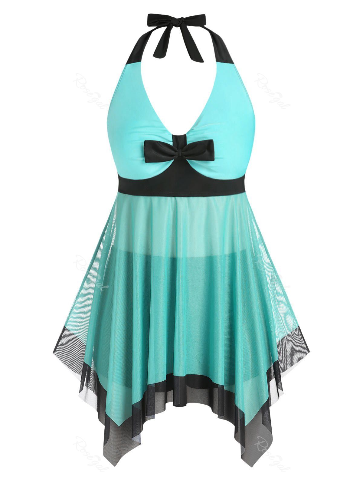 Outfit Plus Size & Curve Halter Sheer Mesh Panel Bowknot Handkerchief Tankini Swimsuit  