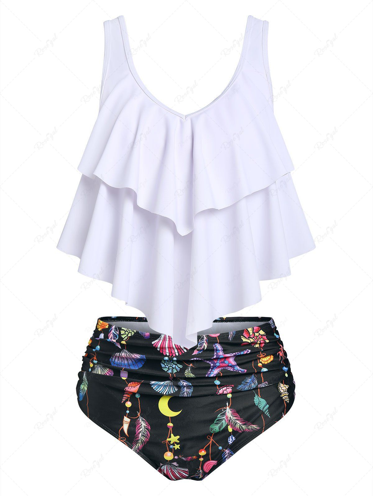 Latest Flounce Draped Feather Shell Print Tankini Swimwear  