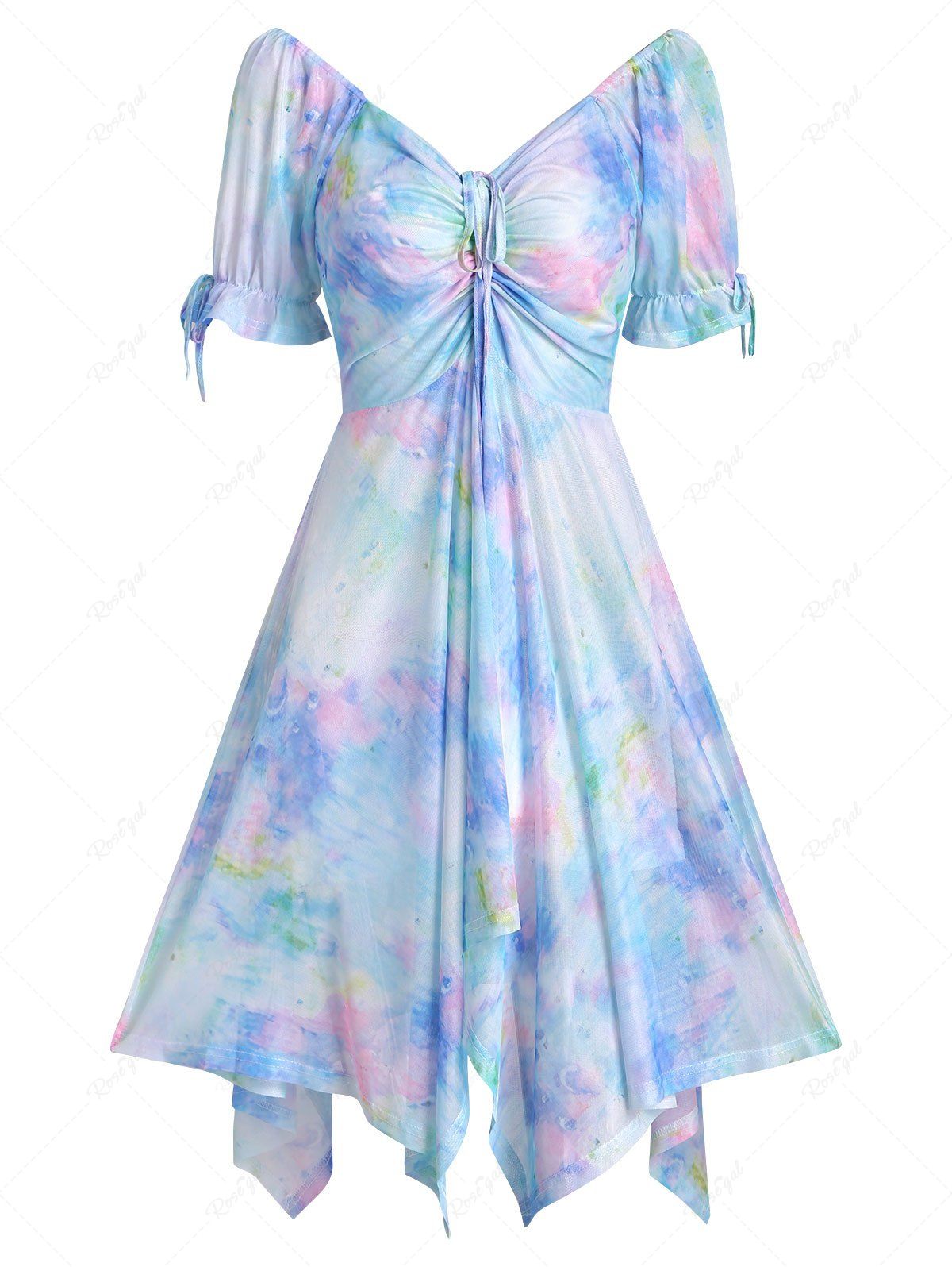 Discount Mesh Overlay Tie Dye Cinched Handkercheif Dress  