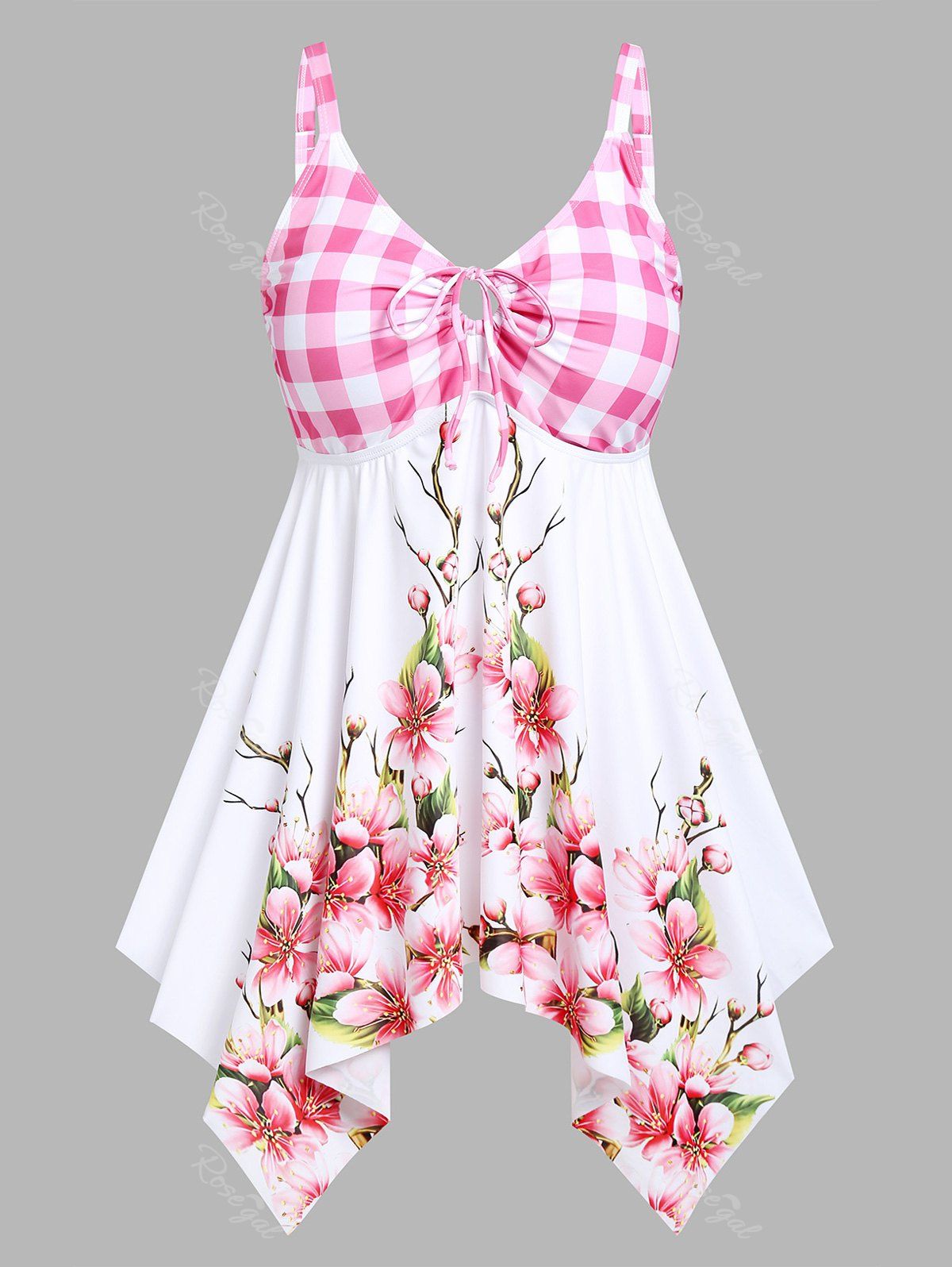 Best Plus Size & Curve Plaid Floral Print Cinched Handkerchief Modest Tankini Swimsuit  