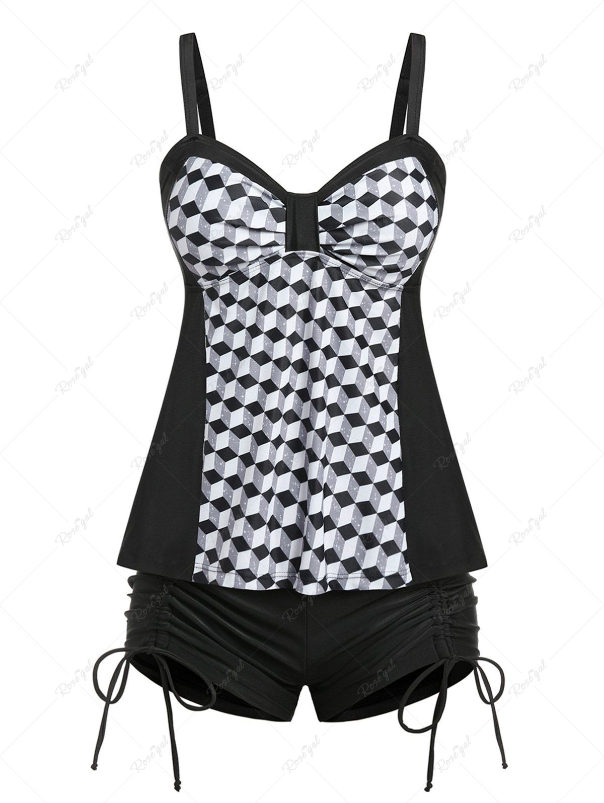 Fashion Plus Size & Curve Cinched Geometry Print Modest Tankini Swimsuit  