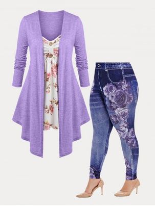 Cottagecore Floral Print Asymmetric 2 in 1 Tee and Skinny Jeggings Plus Size Bundle