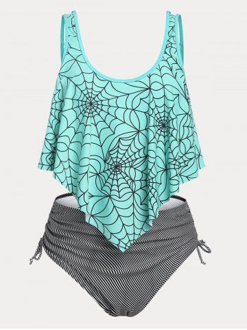 Plus Size Ruffled Overlay Spiders Web Striped Print Tankini Swimwear