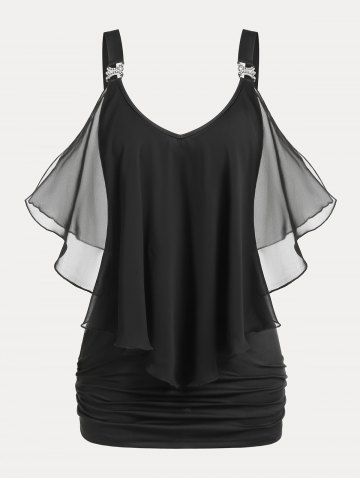 Plus Size & Curve Mesh Ruffled Ruched Cold Shoulder Tee - BLACK - M | US 10