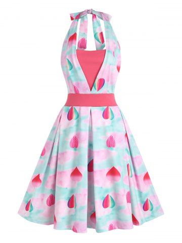 Heart Print Halter Dress - LIGHT PINK - S