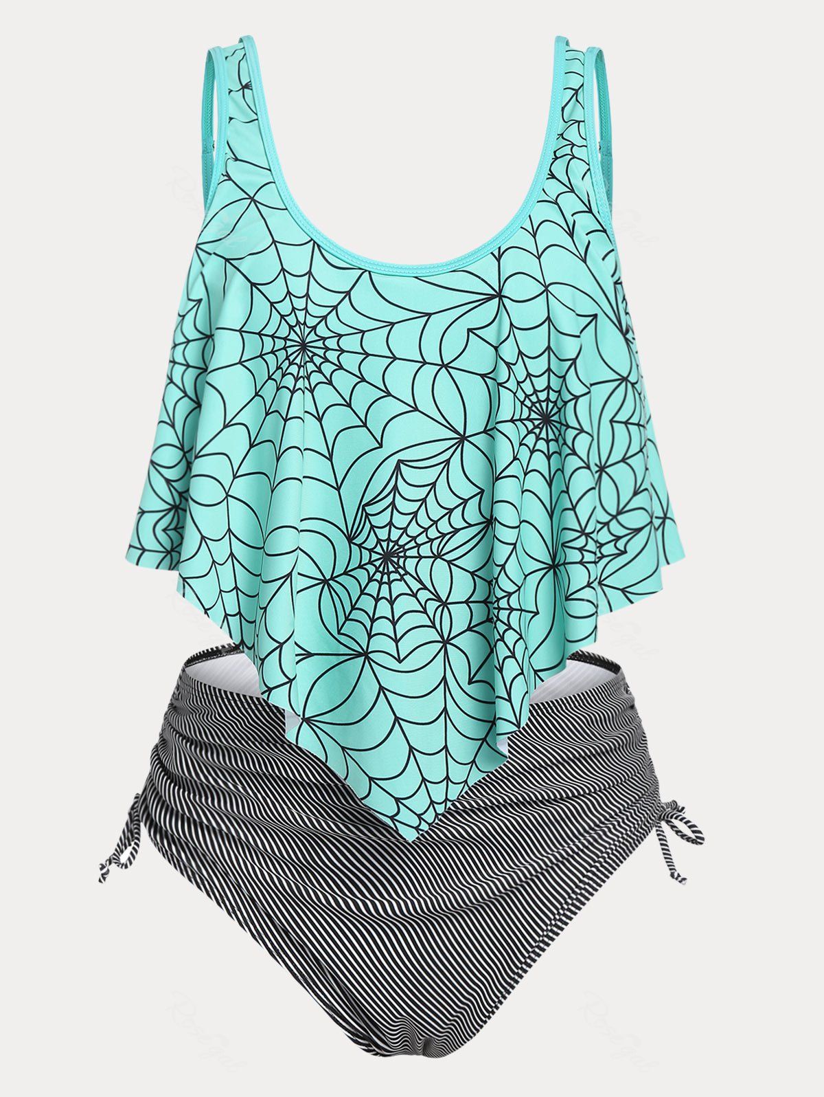 Sale Plus Size Ruffled Overlay Spiders Web Striped Print Tankini Swimwear  