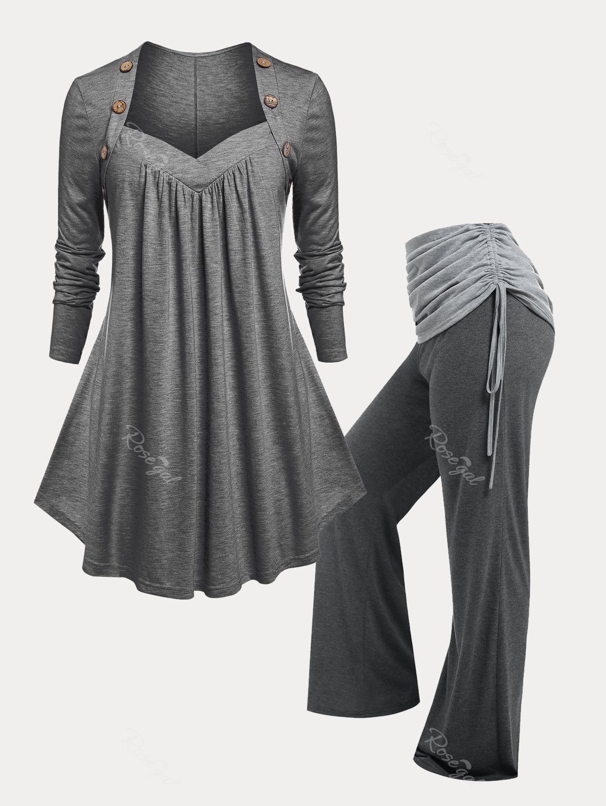 Hot Ultimate Gray Sweetheart Neck Tee and Cinched Flare Pants Plus Size Bundle  