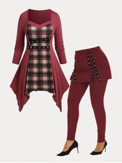 Homochromy Plus Size Handkerchief Top and Skirted Pants Bundle - DEEP RED
