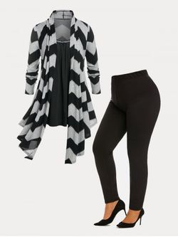 Asymmetric  Zigzag Cardigan Set and Flocking Lined Leggings Plus Size Outfit - LIGHT GRAY