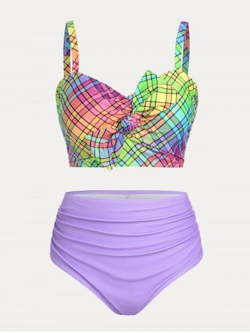 Bowknot Rainbow Plaid Print Plus Size & Curve 1950s Bikini Swimwear - MULTI - 3X