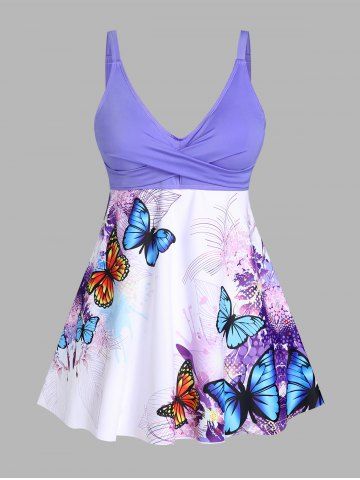 Crossover Butterfly Print Plus Size Swim Dress Set - LIGHT PURPLE - L