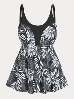 Plus Size & Curve Layered Palm Print Modest Tankini Swimsuit - BLACK - L
