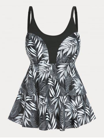 Plus Size & Curve Layered Palm Print Modest Tankini Swimsuit - BLACK - 3X