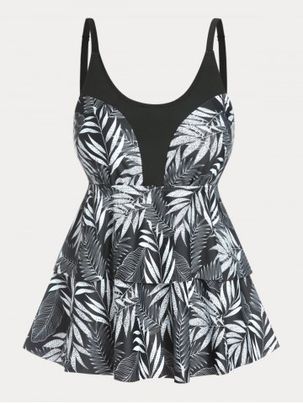 Plus Size & Curve Layered Palm Print Modest Tankini Swimsuit