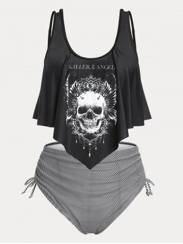 Plus Size & Curve Gothic Skull Print Ruffled Overlay Tankini Swimwear - BLACK - 2X