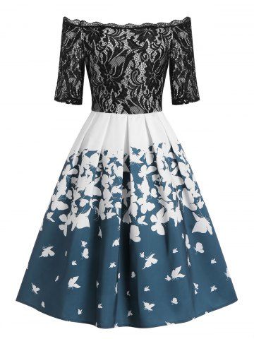 Off Shoulder Lace Insert Butterfly Print Dress - BLUE - M