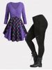 Violet Ribbed Plaid Skirted Top and Ripped Leggings Plus Size Outfit -  