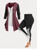 Eye-catching Colorblock 2 In 1 Top and Leggings Plus Size Outfit -  