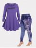 Zip Detail Ribbed Cutout Tee and 3D Jeggings Plus Size Bundle -  
