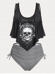Plus Size & Curve Gothic Skull Print Ruffled Overlay Tankini Swimwear -  