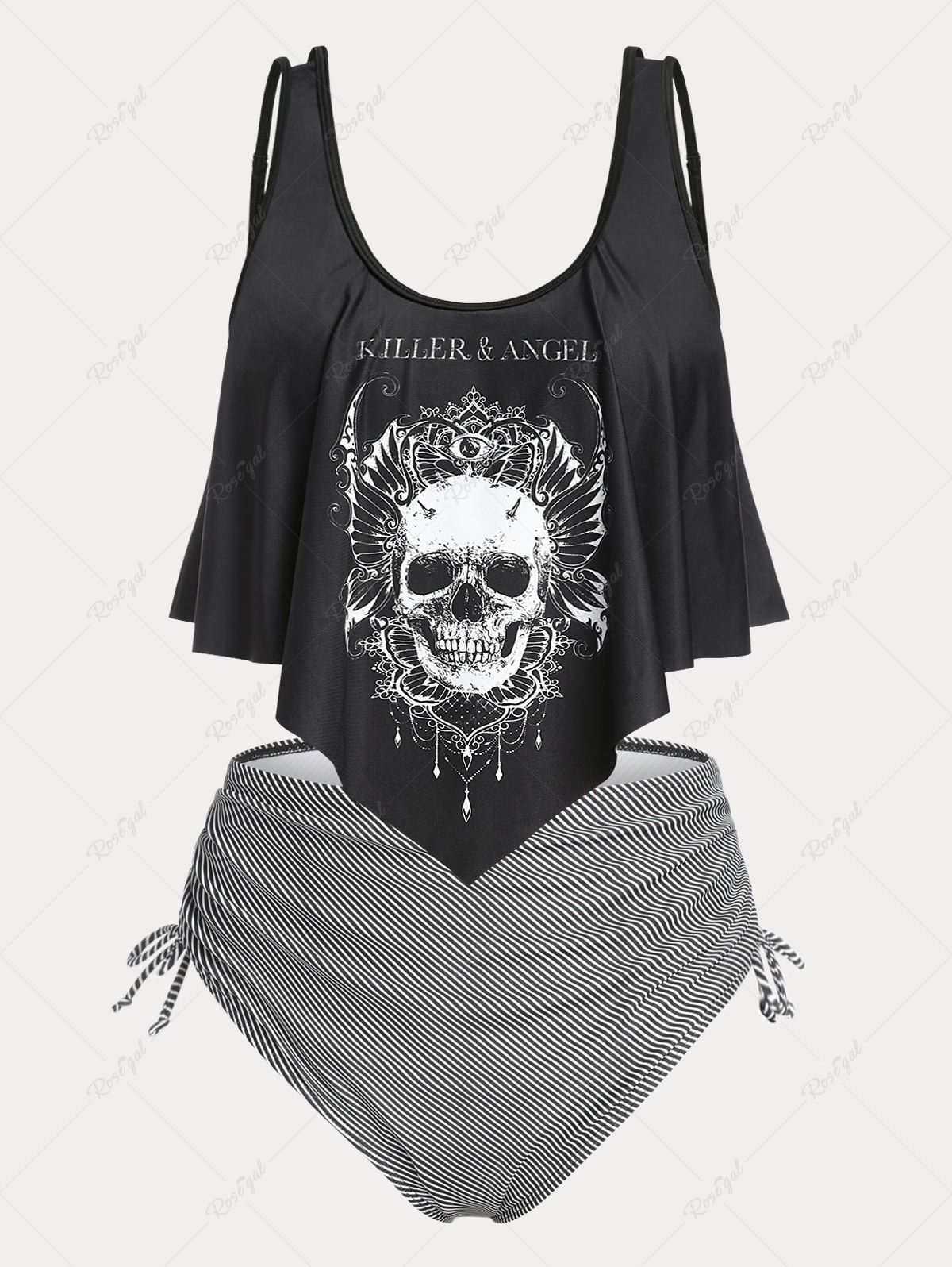 Online Plus Size & Curve Gothic Skull Print Ruffled Overlay Tankini Swimwear  