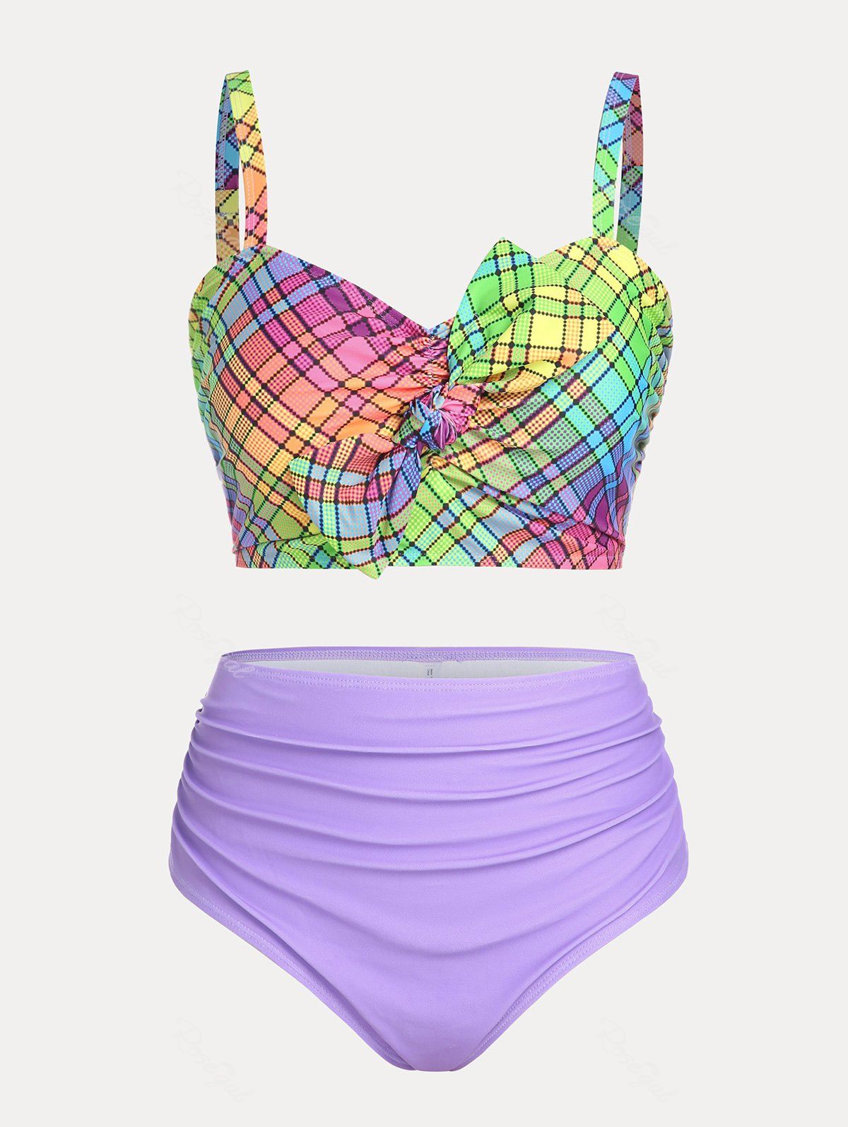 Trendy Bowknot Rainbow Plaid Print Plus Size & Curve 1950s Bikini Swimwear  