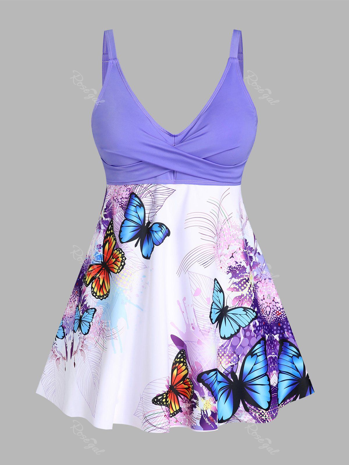 Fancy Crossover Butterfly Print Plus Size Swim Dress Set  