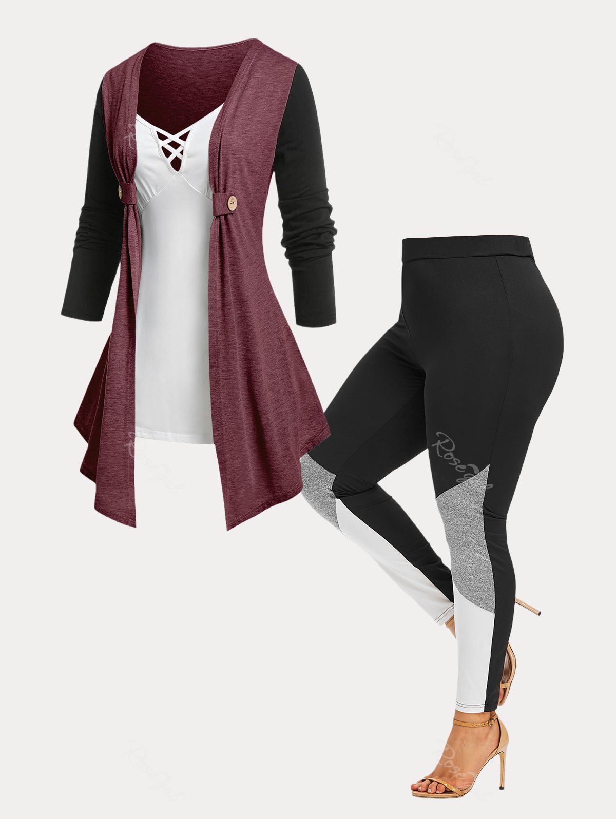 Fancy Eye-catching Colorblock 2 In 1 Top and Leggings Plus Size Outfit  