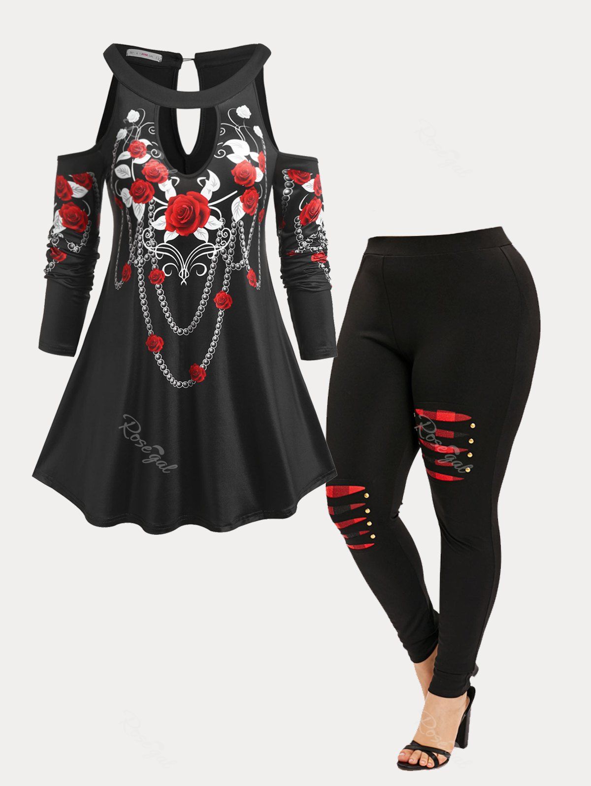 New Blooming Roses Keyhole Top and Ripped Leggings Plus Size Outfit  